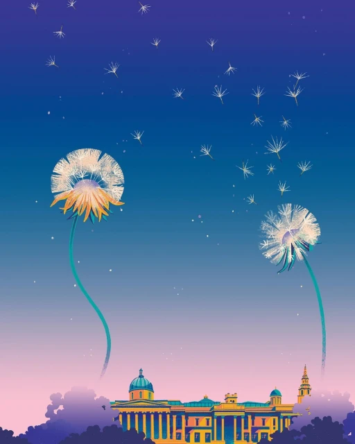 Illustration of dandelions with seeds blowing in the wind over a building under a blue and purple sky at night. 