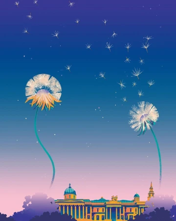 Illustration of dandelions with seeds blowing in the wind over a building under a blue and purple sky at night. 
