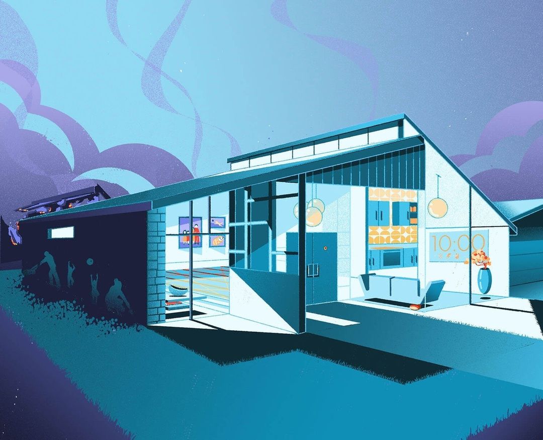 Illustration of a modern house with large windows, minimalist interior, and silhouettes of people in the yard and on the roof.