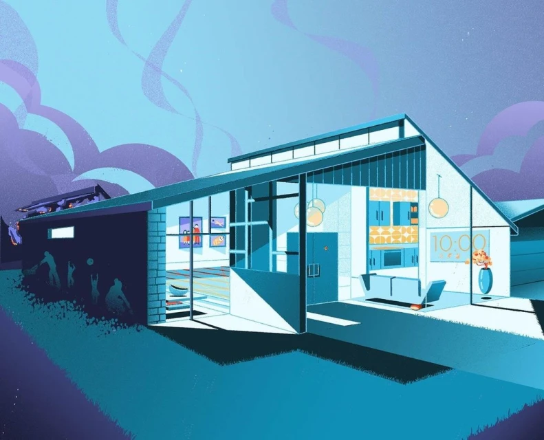 Illustration of a modern house with large windows, minimalist interior, and silhouettes of people in the yard and on the roof.
