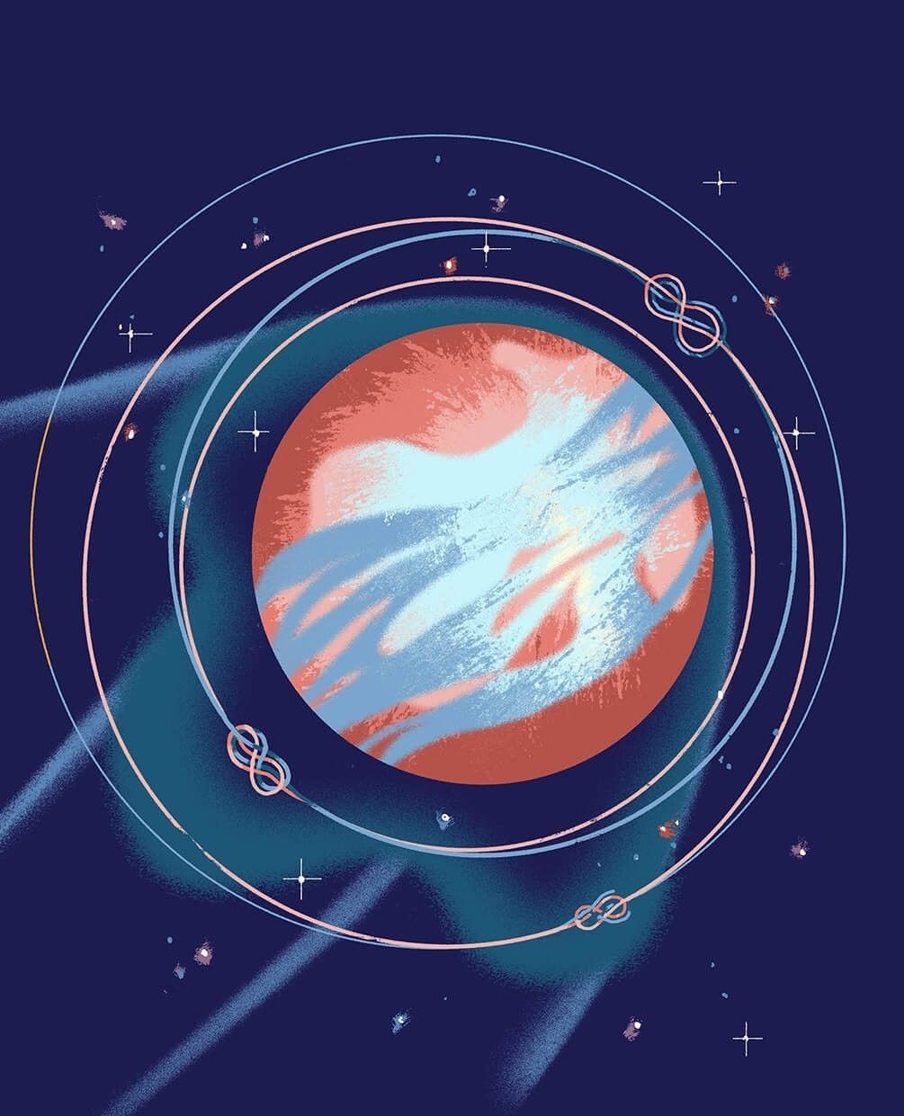Graphic art of a stylized planet with rings and a comet-like tail on a blue background. Round planet with swirls and orbiting bands.