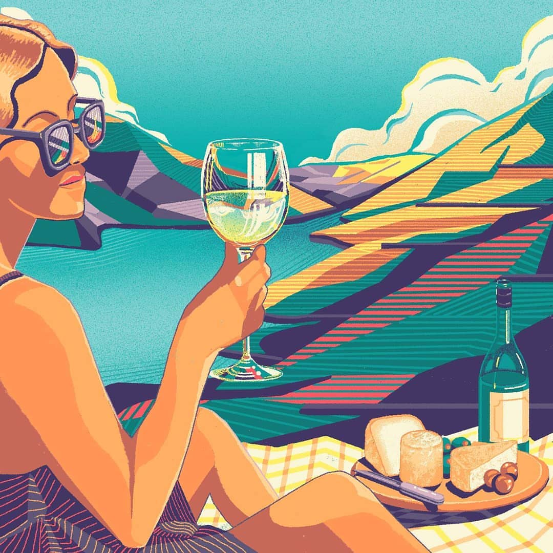 Illustration of a woman with sunglasses holding a wine glass, with cheese, a bottle of wine, and a landscape backdrop.