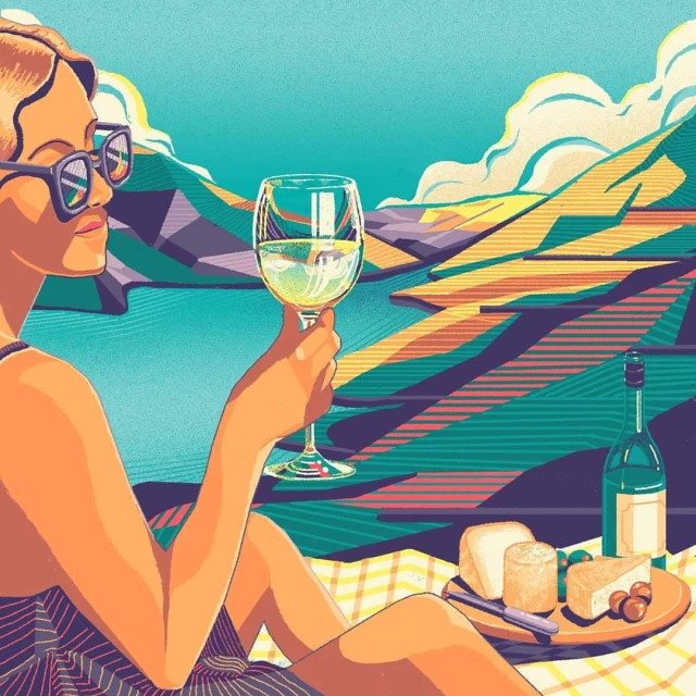 Illustration of a woman with sunglasses holding a wine glass, with cheese, a bottle of wine, and a landscape backdrop.