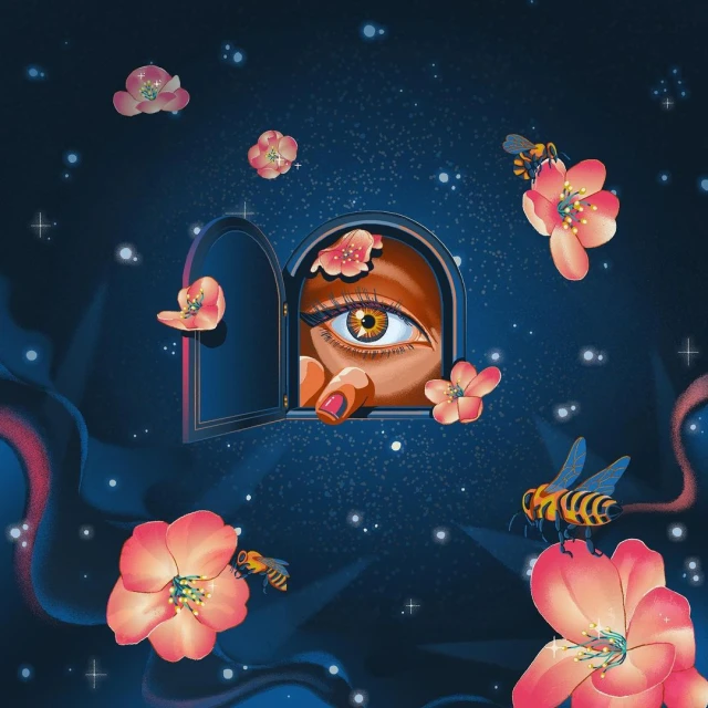 Eye and hand peek through a window surrounded by flowers and bees on a dark blue starlit background in a digital illustration.