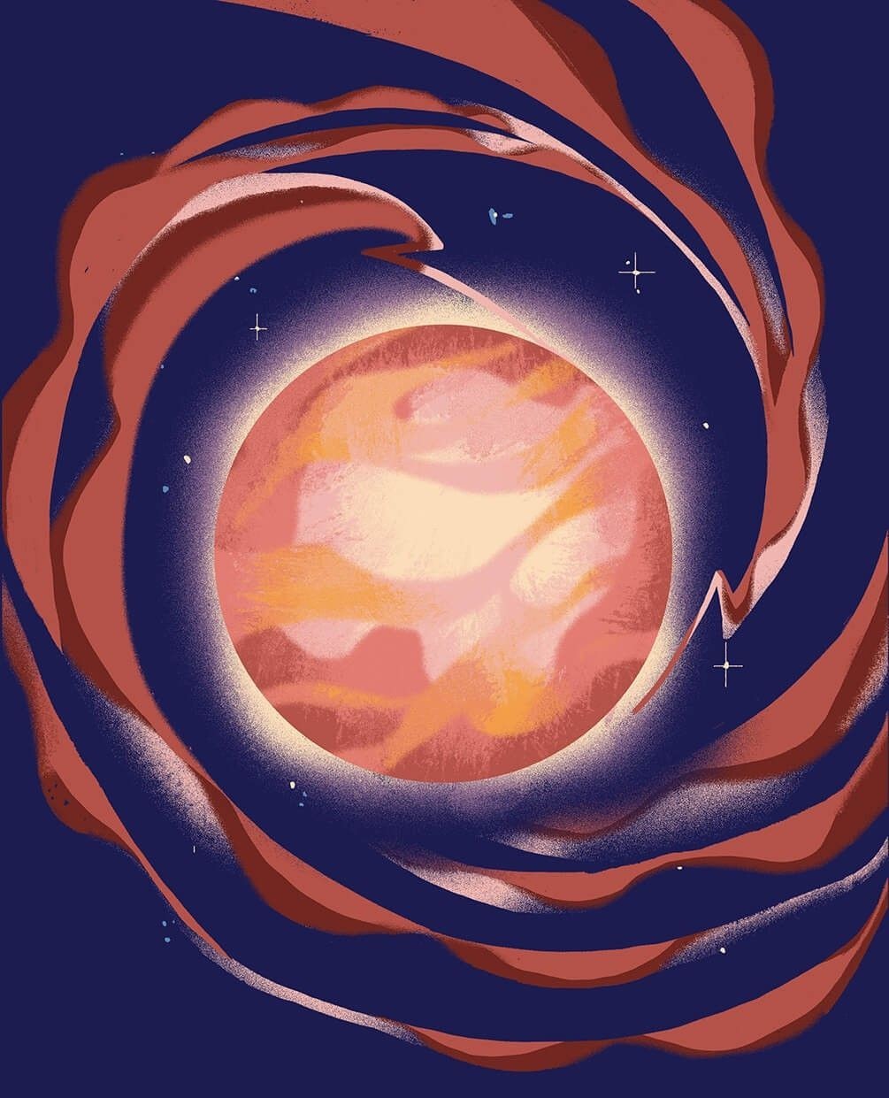 Stylized illustration of a planet with swirling bands of color against a dark blue space background with small stars.