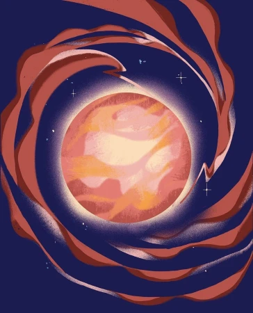 Stylized illustration of a planet with swirling bands of color against a dark blue space background with small stars.