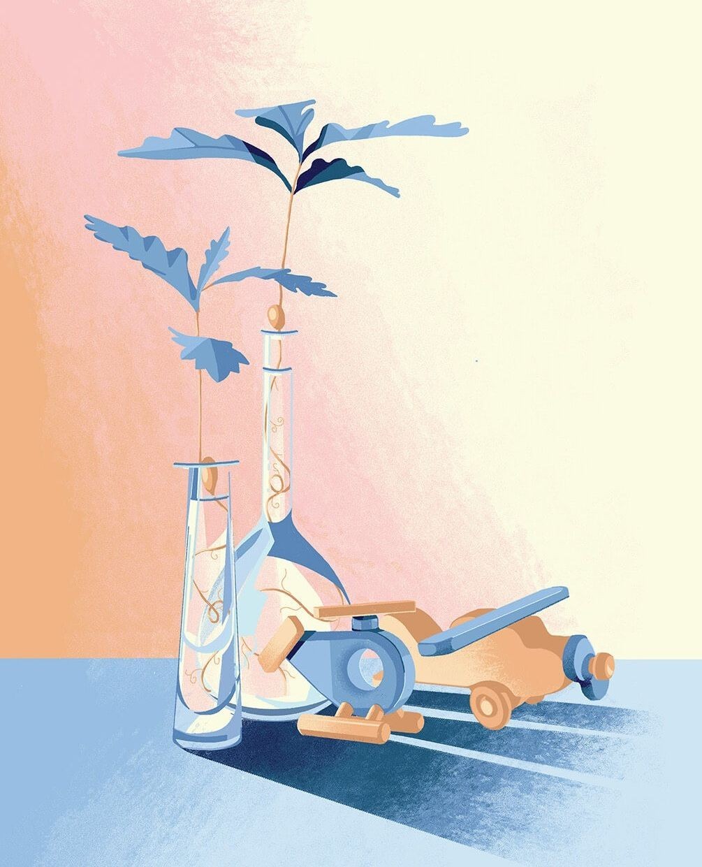 Stylized illustration of toy vehicles and plants in glass tubes. Art with light blue, beige, and peach tones in a simple setting.