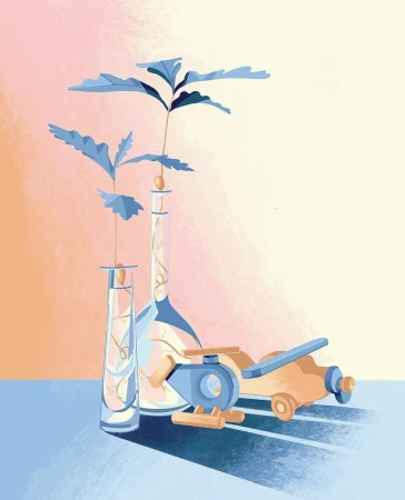 Stylized illustration of toy vehicles and plants in glass tubes. Art with light blue, beige, and peach tones in a simple setting.