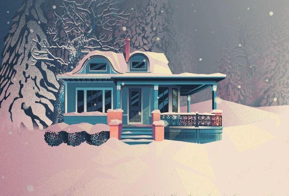 Illustration of a light blue house in a snowy landscape. Snow covers the roof, shrubs, and ground, with a dark tree in the background.