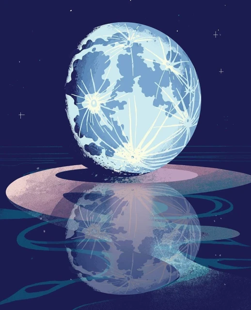 Illustration of a stylized full moon with craters and glowing lines, reflecting in water against a dark night sky with stars.