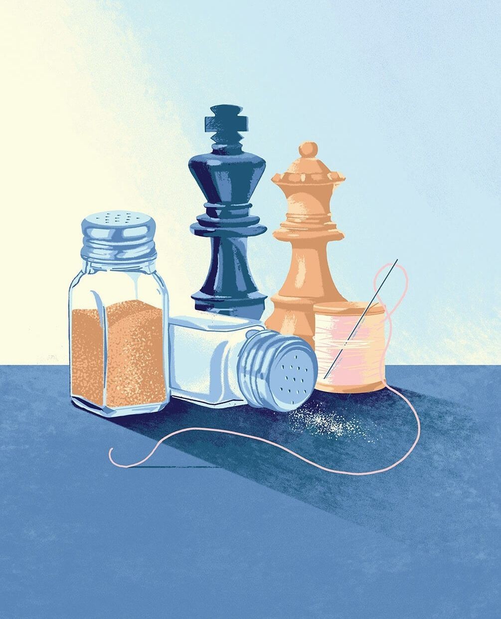 Stylized still life illustration: chess pieces, salt shakers, thread, and needle against a soft blue background with diffused lighting.