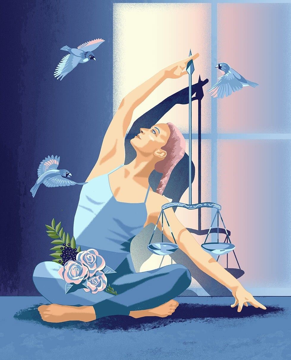 Illustration of a woman in a yoga pose, holding a balance scale with birds flying around her, alongside flowers, in a blue color scheme.