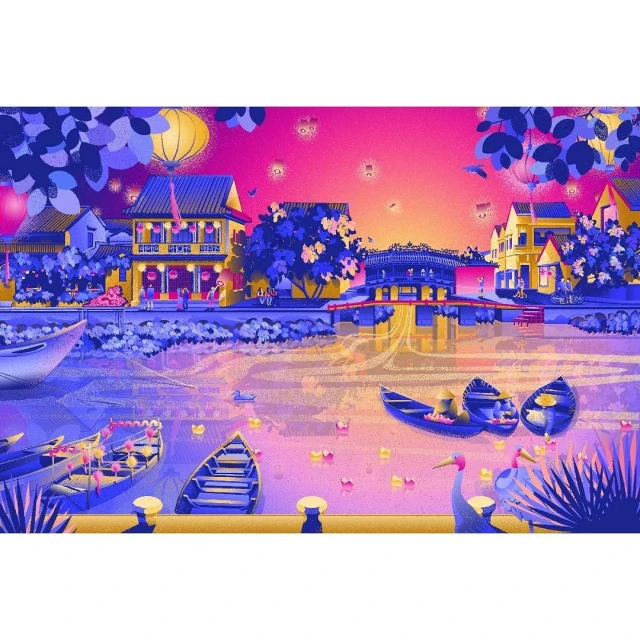 Illustration of boats on river in front of village buildings with lanterns in night scene with a pink and purple gradient sky.