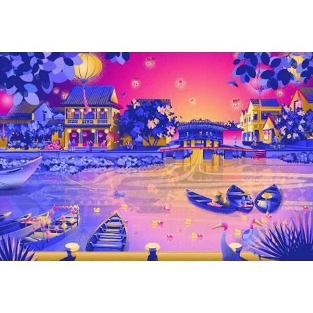 Illustration of boats on river in front of village buildings with lanterns in night scene with a pink and purple gradient sky.