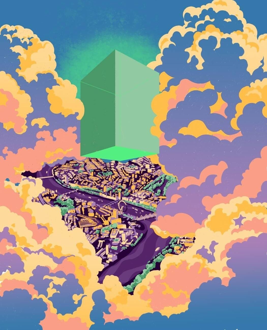 Illustration of a floating island city with a river, viewed from above, with a green cube hovering above, set against a cloudy sky.