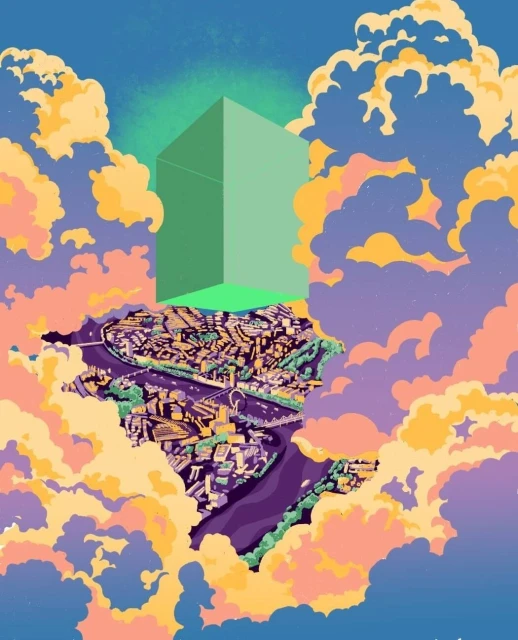 Illustration of a floating island city with a river, viewed from above, with a green cube hovering above, set against a cloudy sky.