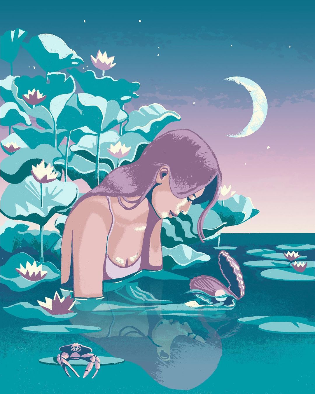 Illustration of a woman in a body of water with lily pads and a crab, under a moonlit sky with a large open oyster.