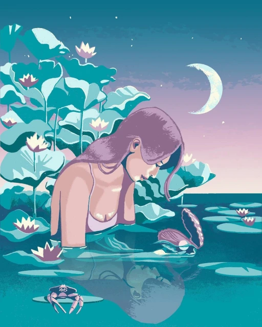 Illustration of a woman in a body of water with lily pads and a crab, under a moonlit sky with a large open oyster.