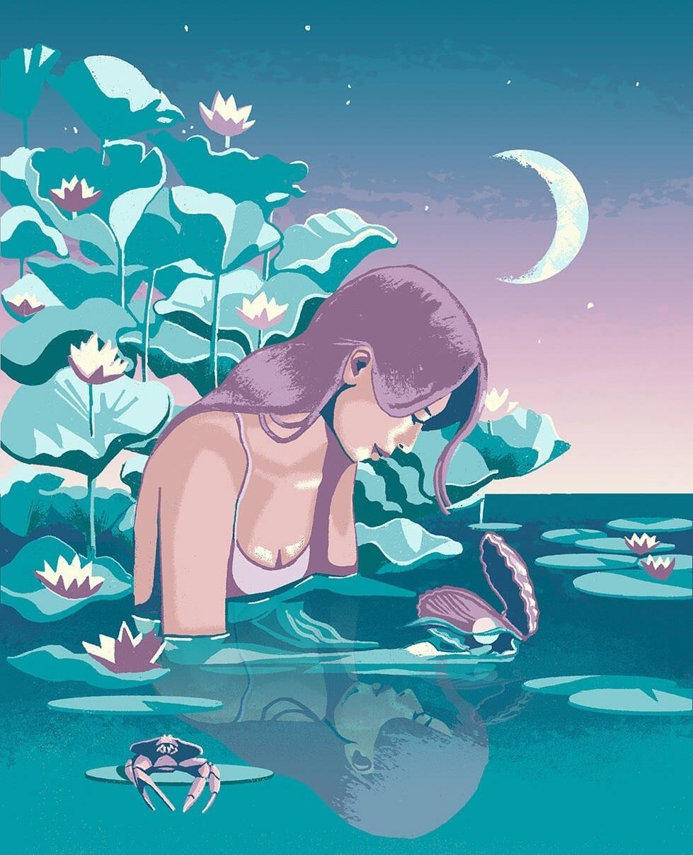 Illustration of woman waist-deep in water near lily pads and an open clamshell on the water's surface beneath a crescent moon.