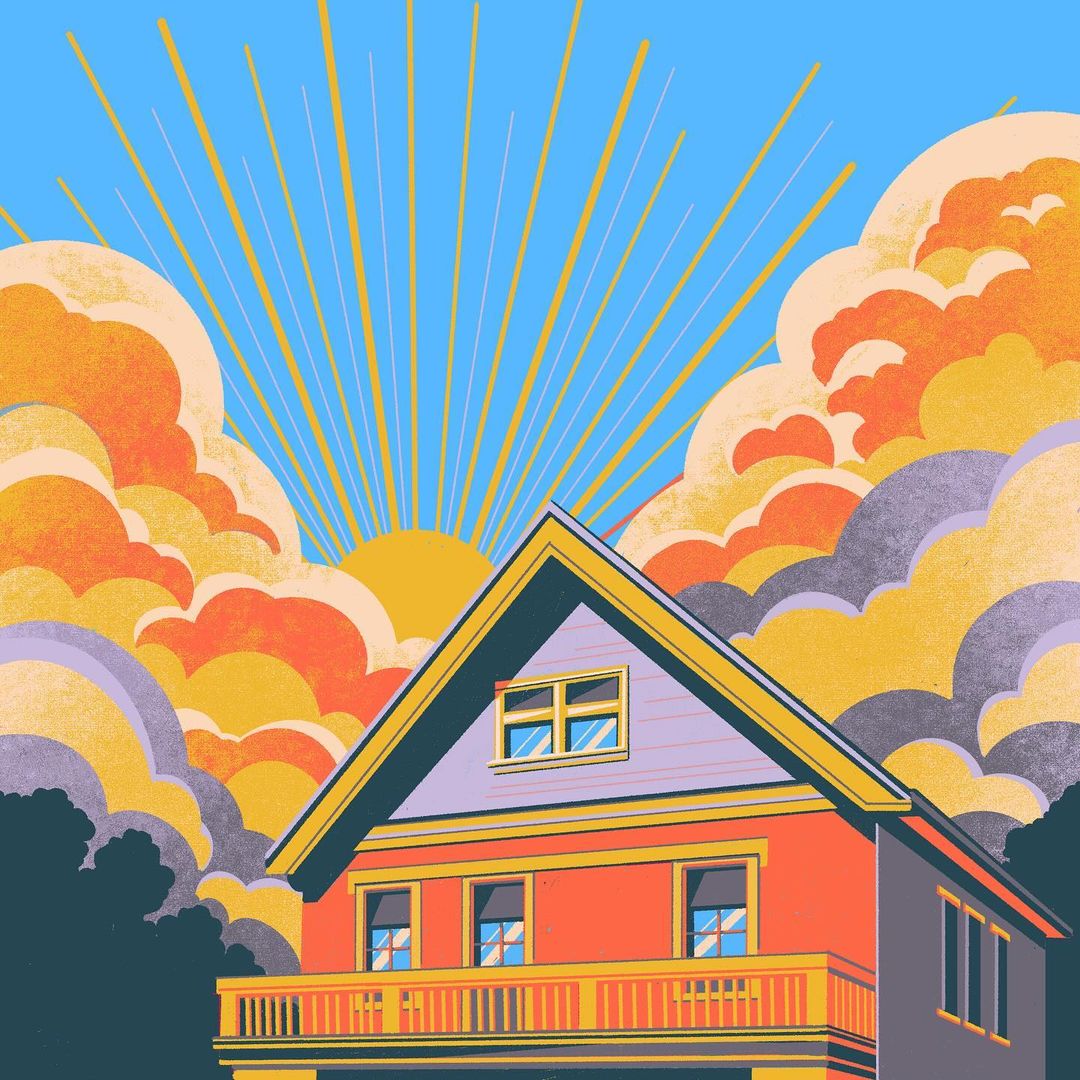 Illustration of a two-story house with an orange facade, set against a sunny sky with cartoon-style clouds and sun rays emanating outwards.