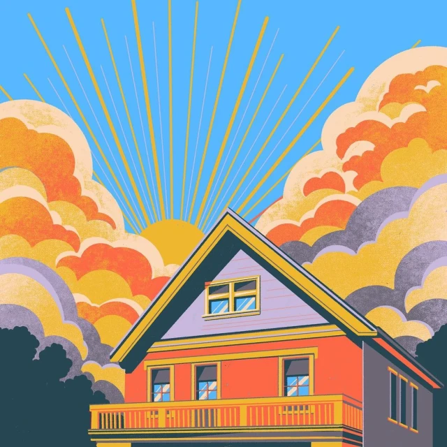 Illustration of a two-story house with an orange facade, set against a sunny sky with cartoon-style clouds and sun rays emanating outwards.