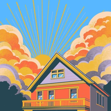 Illustration of a two-story house with an orange facade, set against a sunny sky with cartoon-style clouds and sun rays emanating outwards.