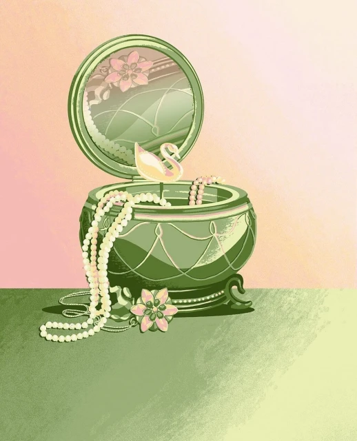 Illustration of an open green jewellery box with a mirror, featuring a swan figurine and strands of pearls on a pastel background.