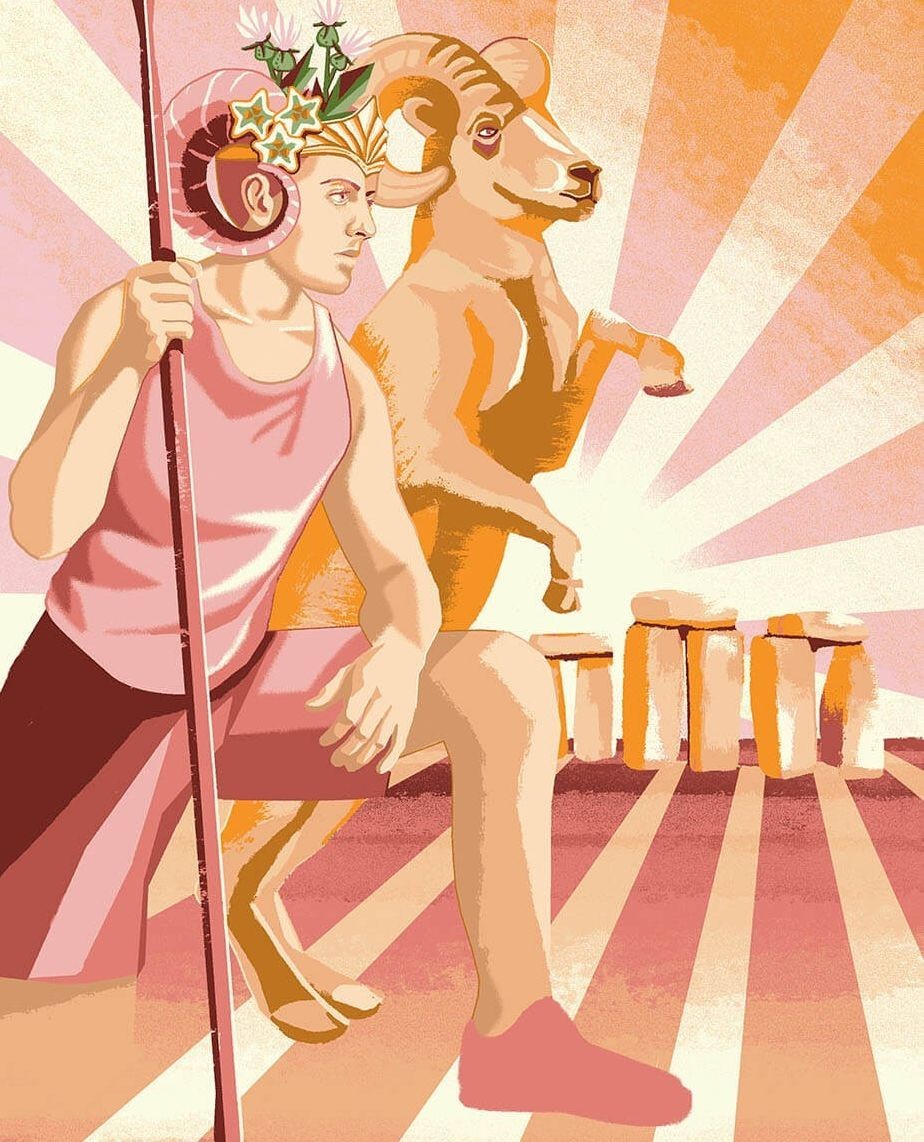 Illustration featuring a man in a pink tank top with ram horns, standing next to a ram, with Stonehenge in the background.