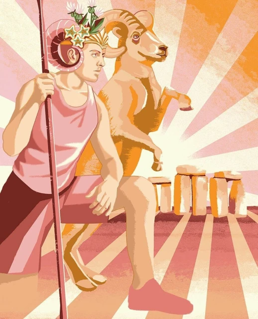 Illustration featuring a man in a pink tank top with ram horns, standing next to a ram, with Stonehenge in the background.