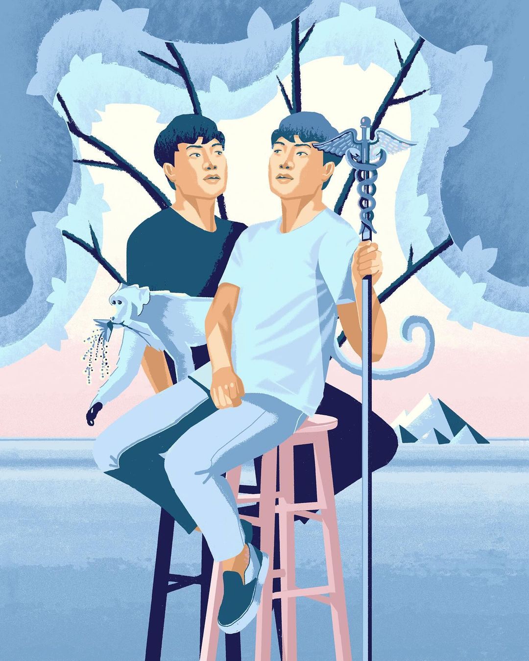 Illustration of two men, one holding a caduceus, sitting on stools with a monkey nearby against a stylized landscape background.