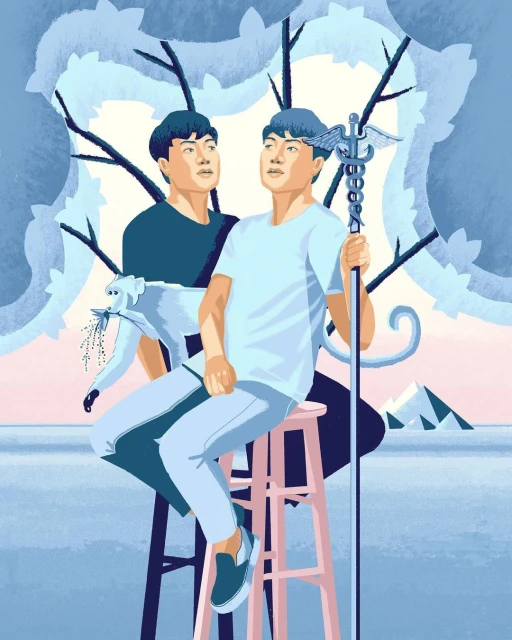 Illustration of two men, one holding a caduceus, sitting on stools with a monkey nearby against a stylized landscape background.