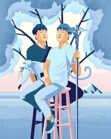 Illustration of two men, one holding a caduceus, sitting on stools with a monkey nearby against a stylized landscape background.