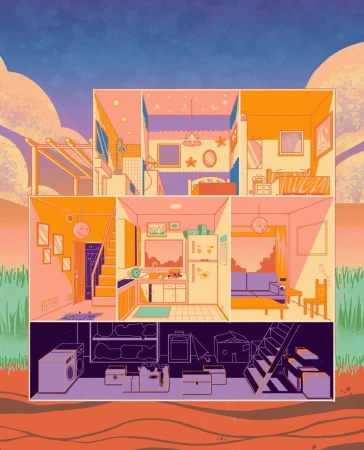 Illustration of a dollhouse-style three-story building with a bathroom, bedroom, kitchen, living room, and basement interior.