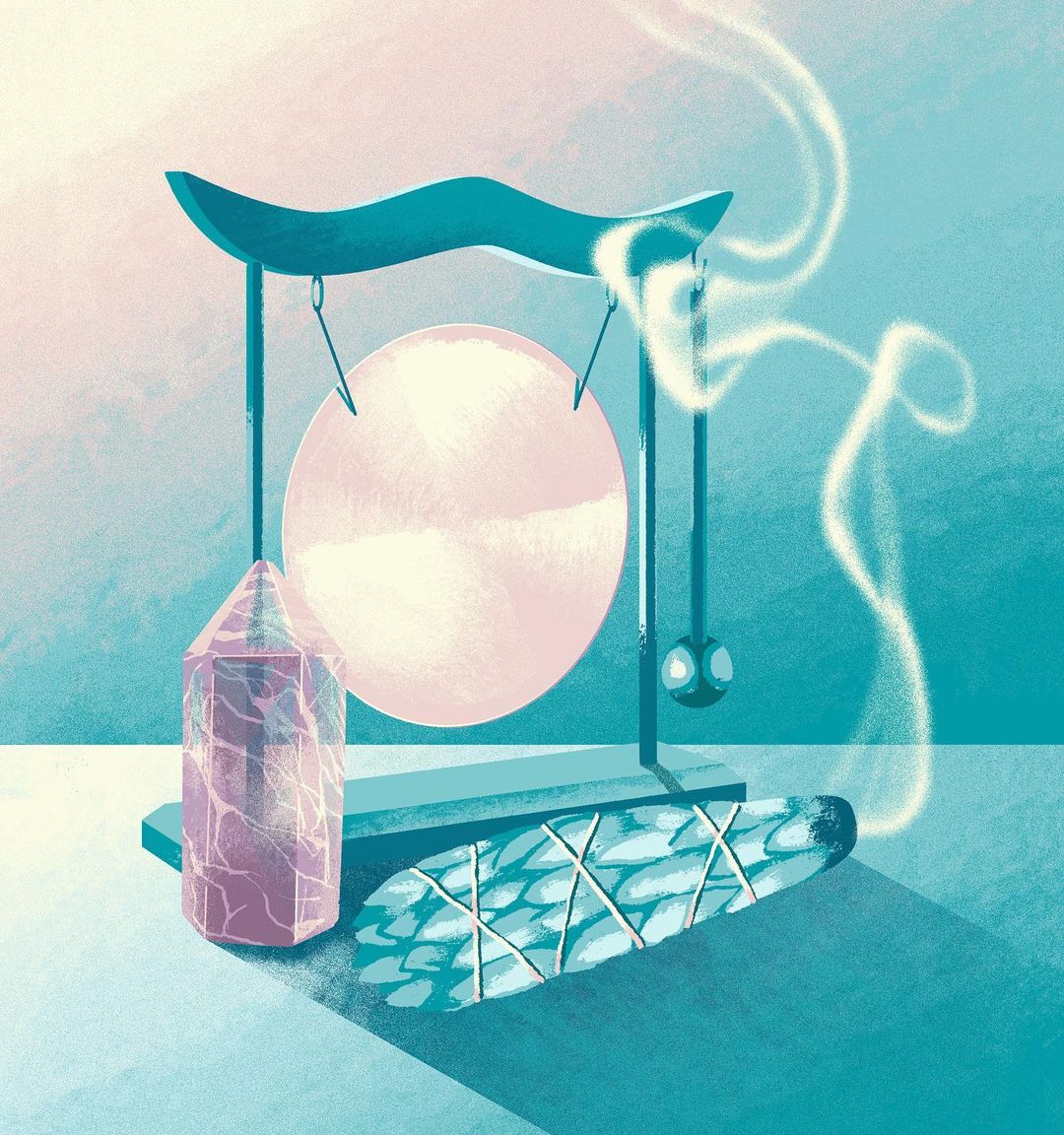 Illustration of a gong with a teal frame, quartz crystal, and sage stick on a teal surface, creating a serene, spiritual art piece.