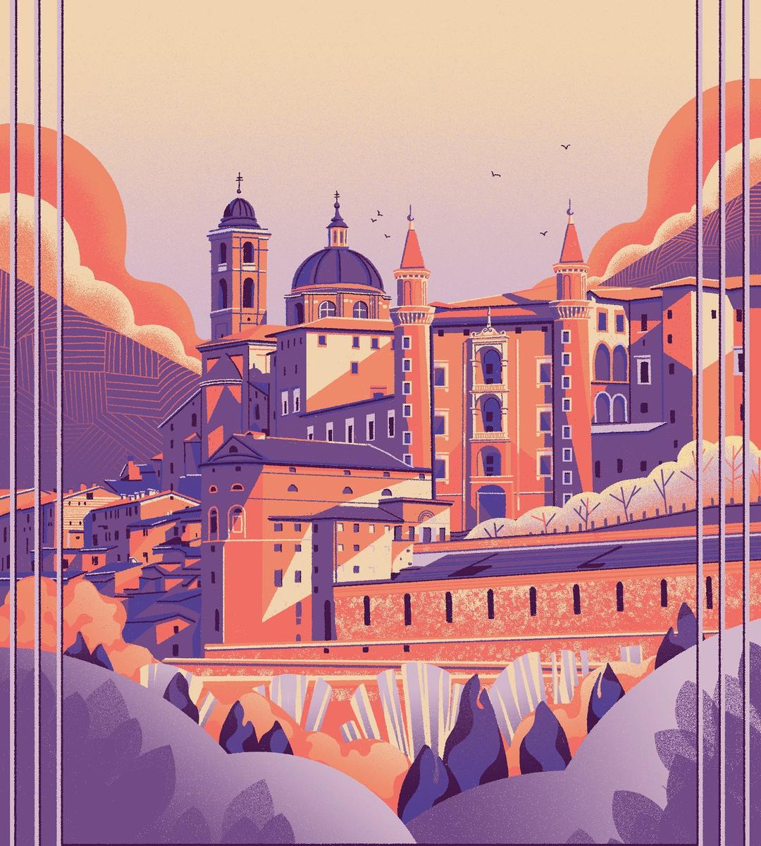 Illustration of a European city featuring historical buildings, including a church with a dome, rendered in a warm, stylized art style.