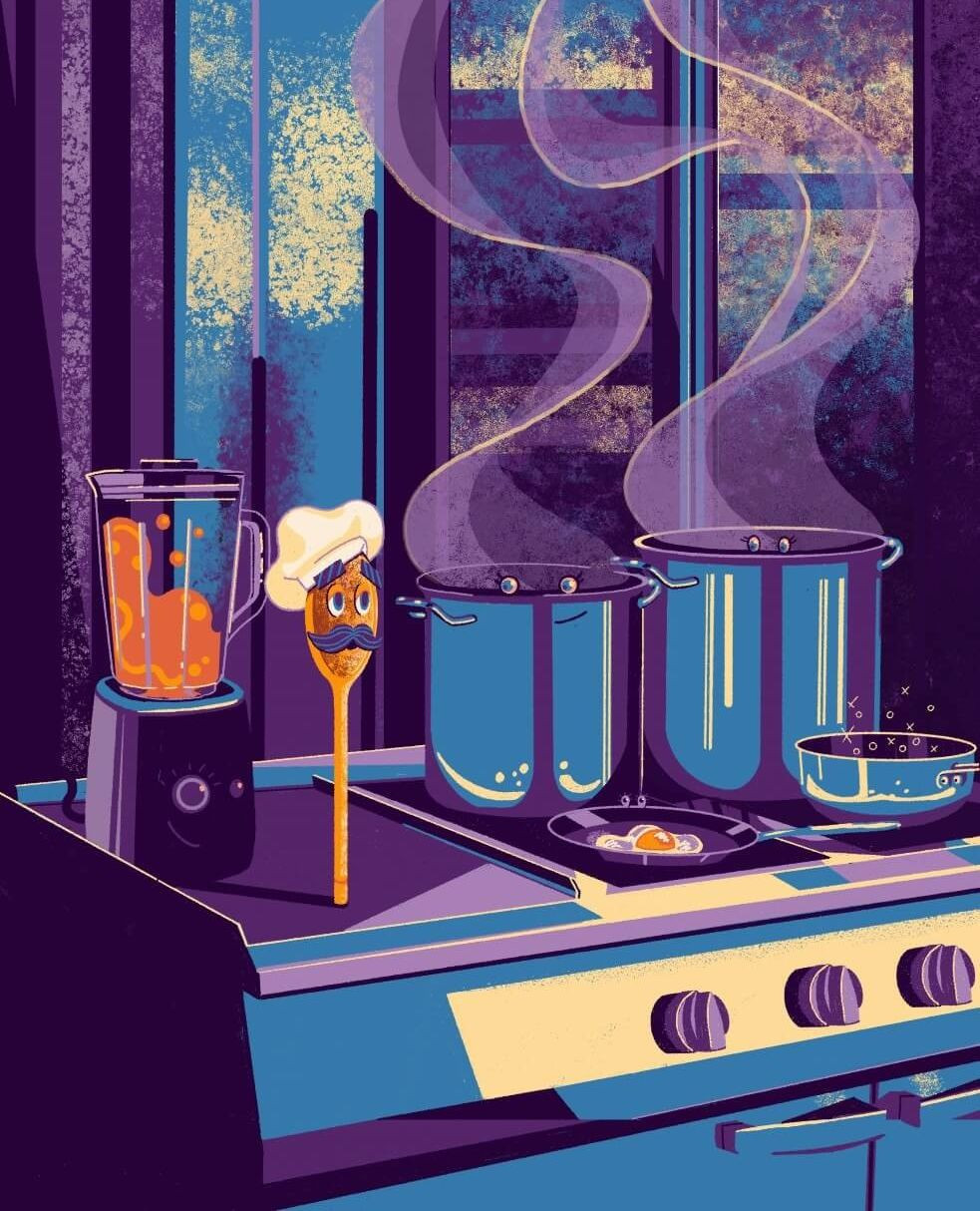 Illustration of kitchen with blender, steaming pots, frying pan, and a spoon character wearing a chef's hat and mustache.