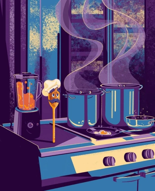 Illustration of kitchen with blender, steaming pots, frying pan, and a spoon character wearing a chef's hat and mustache.