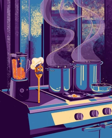 Illustration of kitchen with blender, steaming pots, frying pan, and a spoon character wearing a chef's hat and mustache.