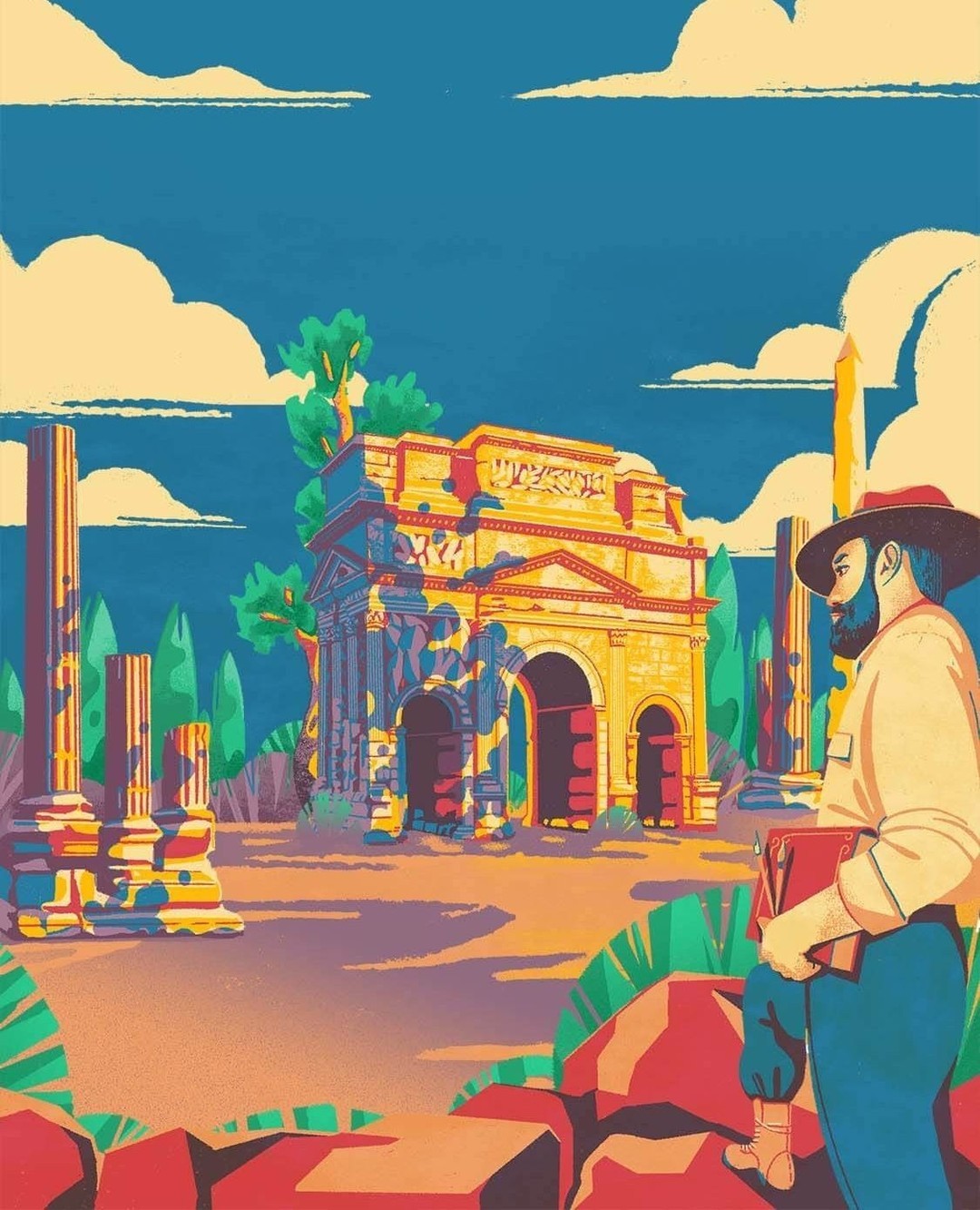 Illustration of a man standing in front of ancient Roman ruins, including columns, arches, and monuments, with a blue sky background.