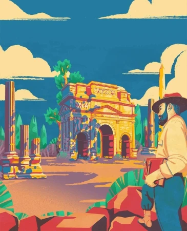 Illustration of a man standing in front of ancient Roman ruins, including columns, arches, and monuments, with a blue sky background.