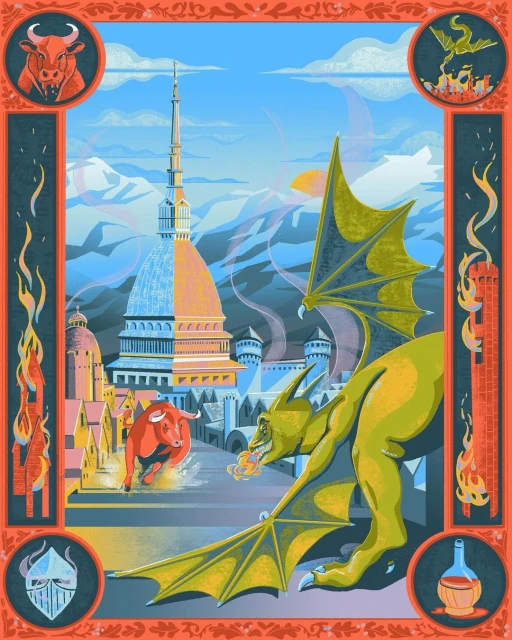 Illustration of a dragon perched above a city with a bull running through the streets, with mountains and a large tower in the background.
