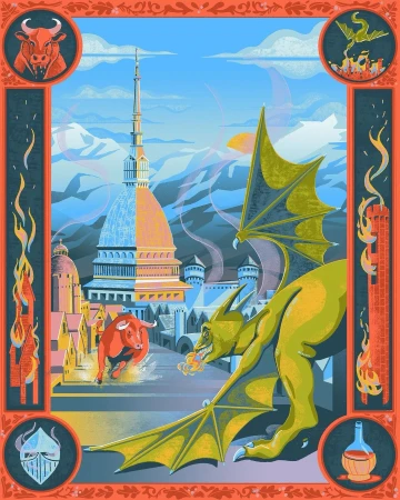 Illustration of a dragon perched above a city with a bull running through the streets, with mountains and a large tower in the background.