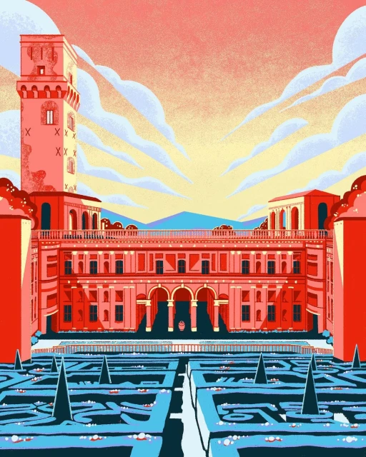 Illustration of a monumental red building with a tower next to a blue hedge maze, set against a cloudy sky and distant mountains.