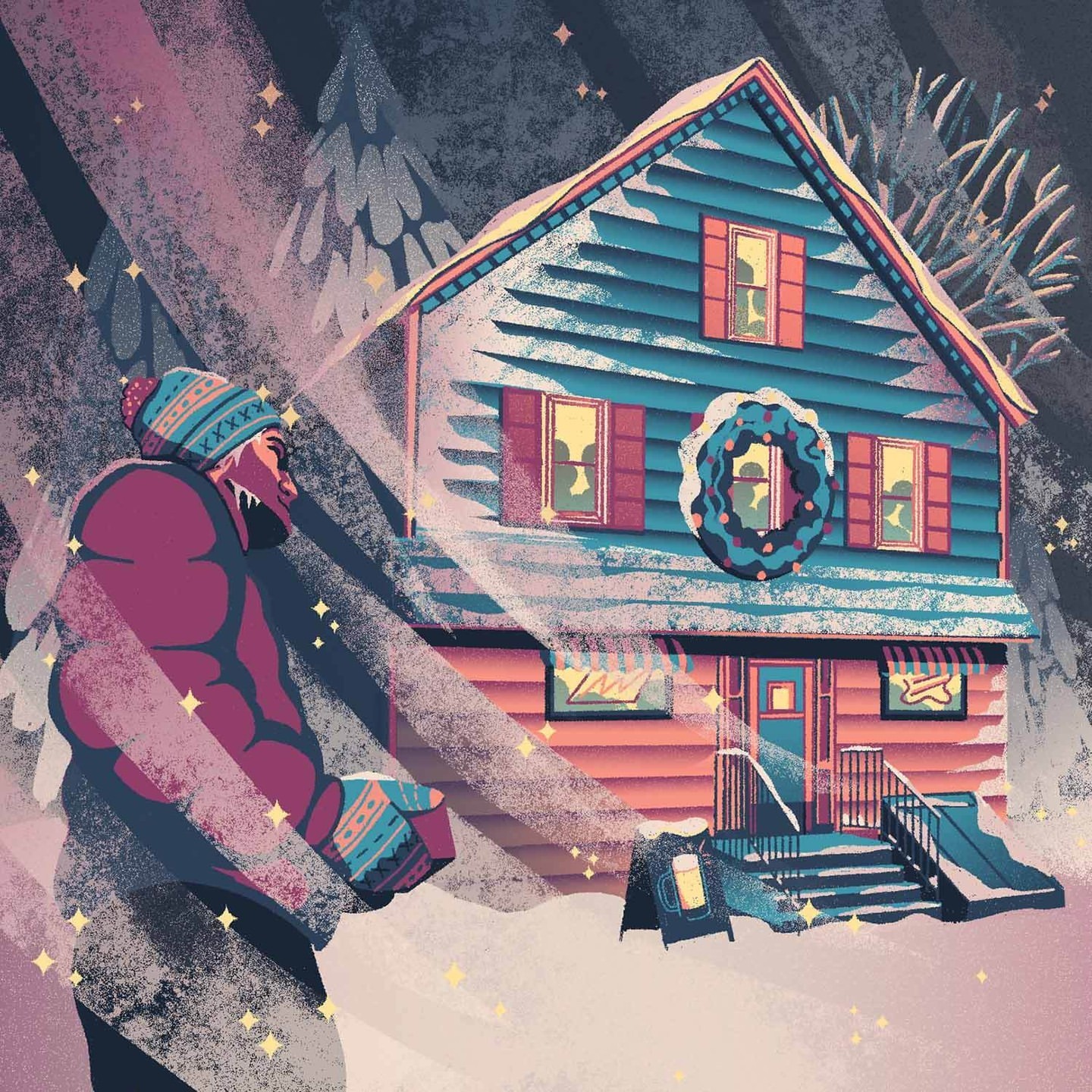 Illustration of a person in winter clothing walking in the snow toward a brightly lit cabin with a wreath on the front and snow.