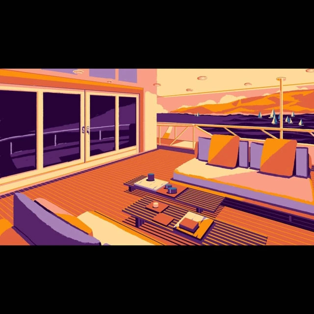 Illustration of a modern patio with a daybed, coffee tables, and a view of the sea with sailboats, rendered in a flat, graphic style.