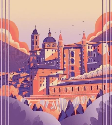 Digital illustration of an Italian hillside town with historic architecture at sunset by Alexandra Wong