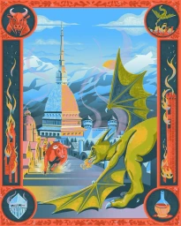 Digital illustration of a green dragon and a red bull confronting each other in front of a tall cathedral spire