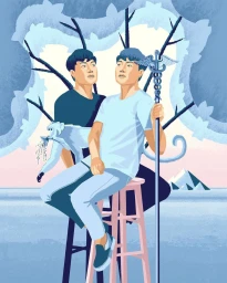 Digital illustration of two men seated near a caduceus staff and a blue monkey against a surreal landscape by Alexandra Wong