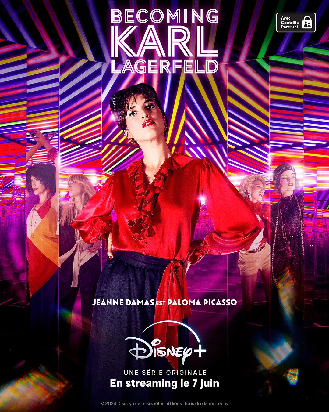 Poster image for 'Becoming Karl Lagerfeld' features Jeanne Damas as Paloma Picasso in a red ruffled blouse and dark skirt with other women.