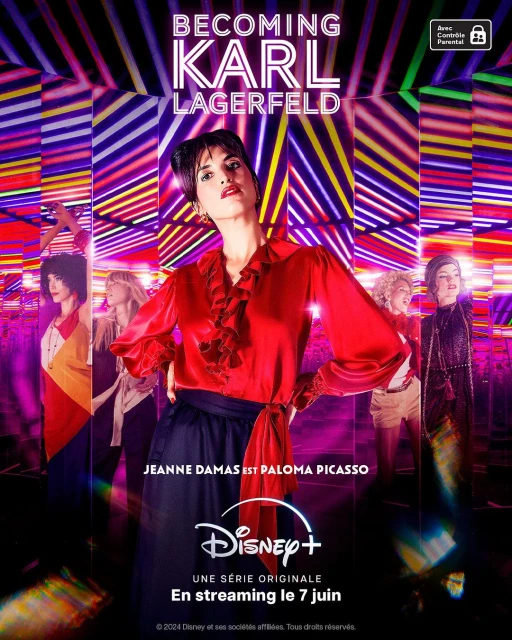Poster image for 'Becoming Karl Lagerfeld' features Jeanne Damas as Paloma Picasso in a red ruffled blouse and dark skirt with other women.